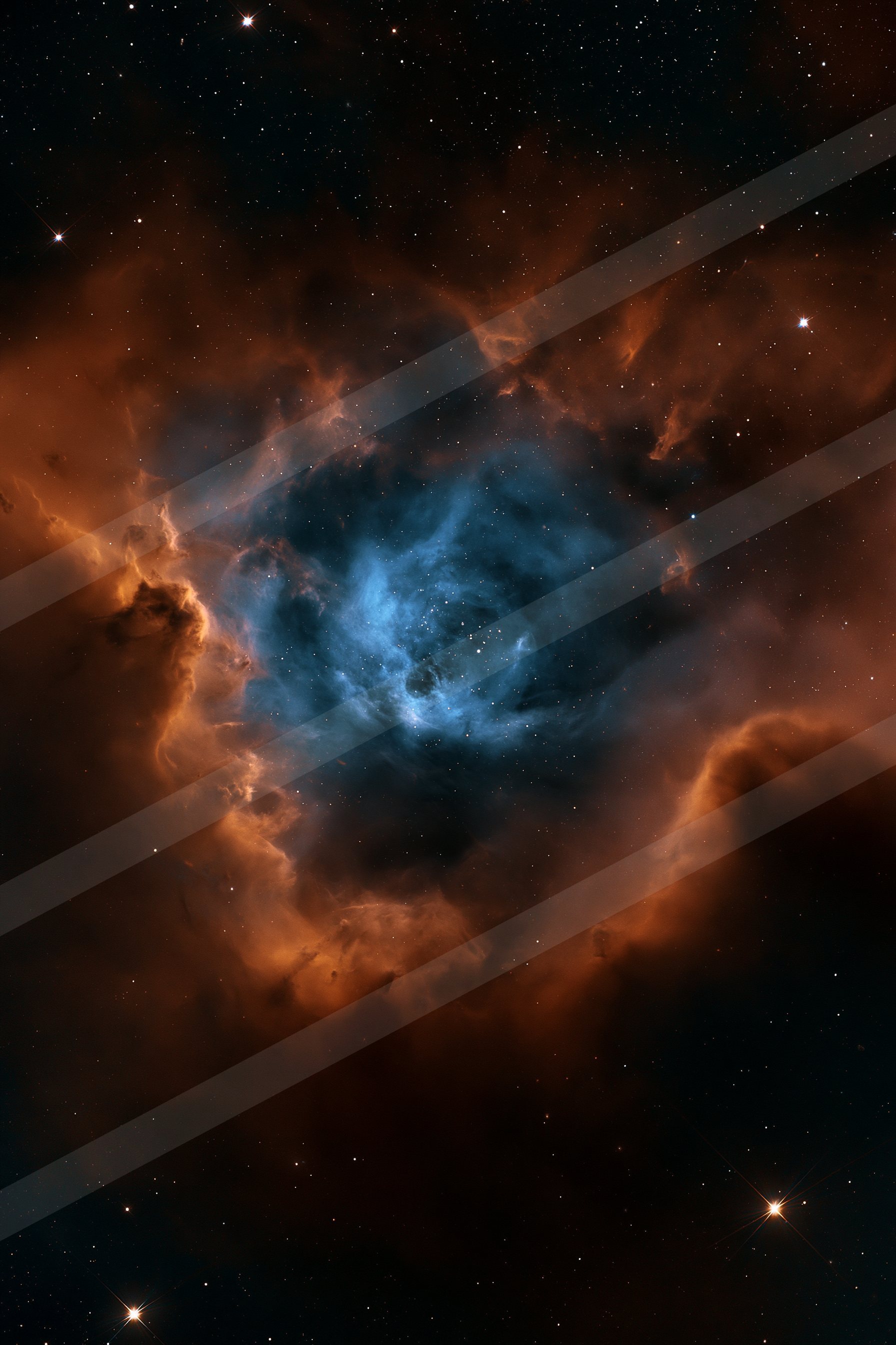 A mesmerizing nebula featuring a bright blue core surrounded by swirling red and orange clouds, set against the backdrop of a star-filled cosmos.
