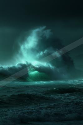 A powerful, glowing turquoise ocean wave crashes violently under a dark stormy sky, creating a dramatic and atmospheric seascape.