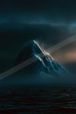 A towering, snow-covered mountain peak emerges from a dark, rippling ocean under a brooding, cloudy sky with dramatic atmospheric lighting.