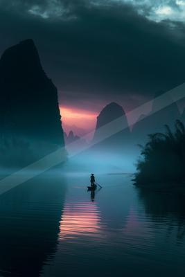 A serene water scene of lake, sunrise, river.