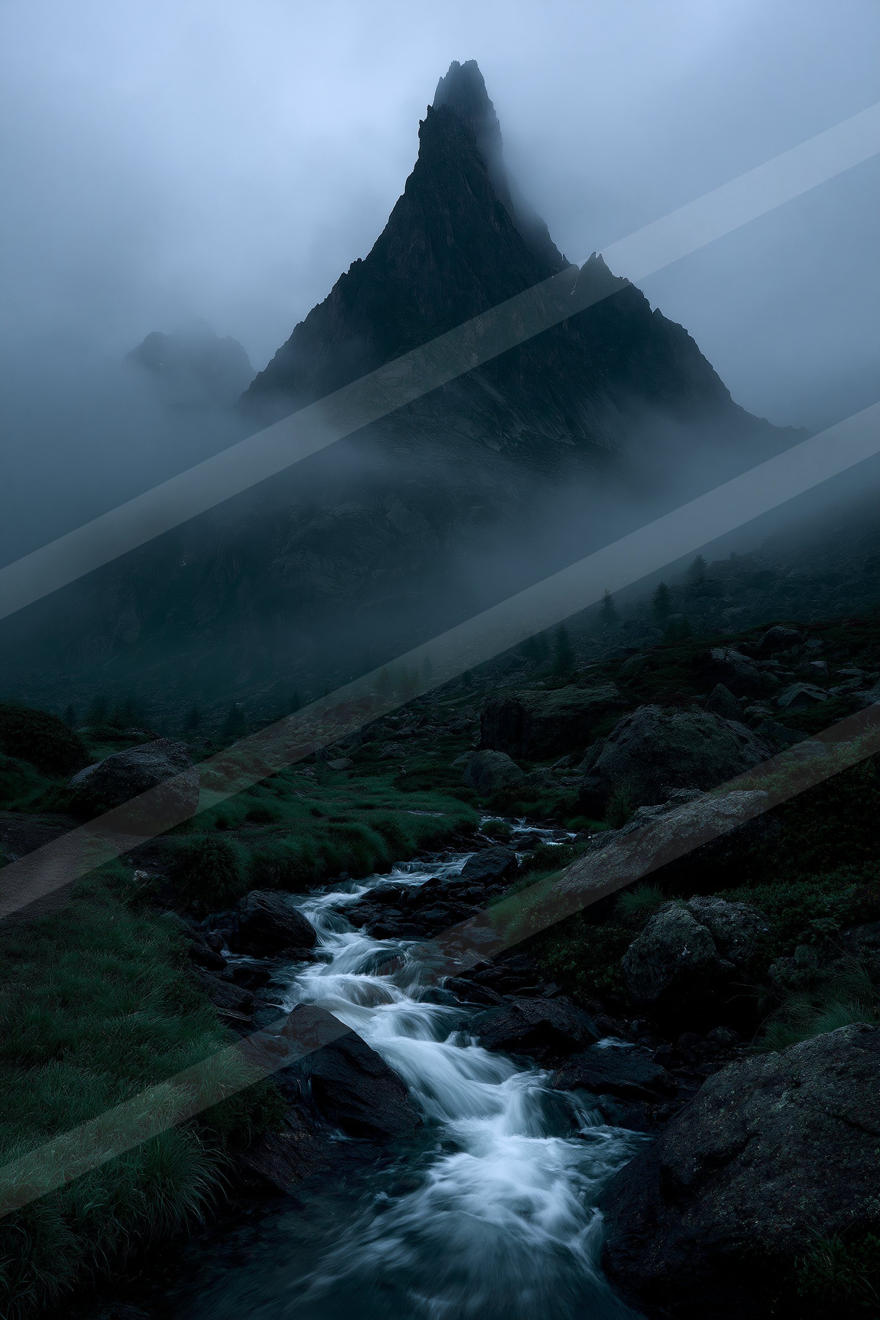 An ethereal landscape of a mountains, fog.
