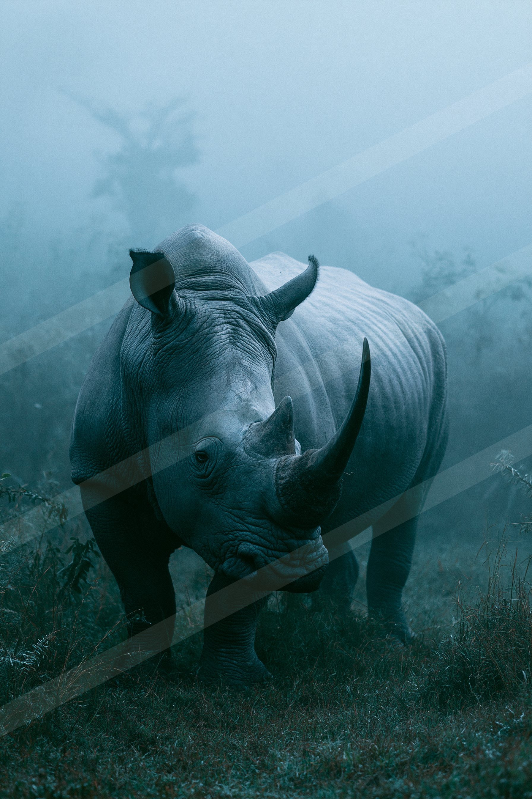 A powerful rhinoceros stands amidst a dense foggy forest, its large horn and textured skin clearly visible.