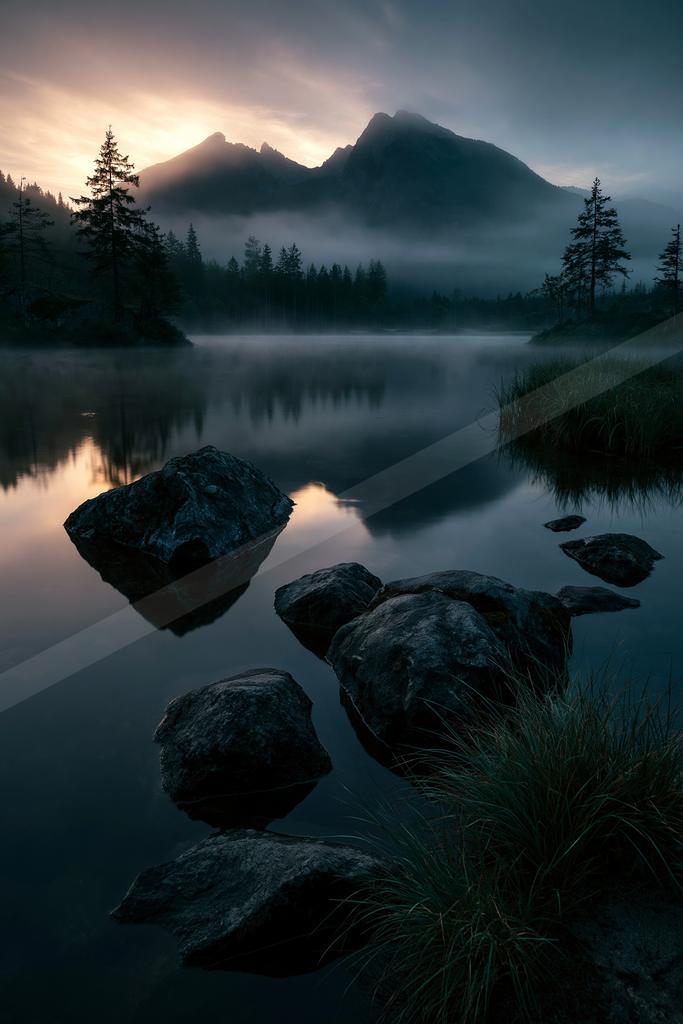 A serene mountain lake at dawn with mist rising from the water, large rocks in the foreground, and coniferous trees lining the misty shore under a colorful sky.