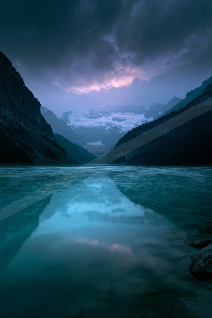 A serene mountain lake reflects the dramatic cloudy sky and distant snow-covered peaks under a moody twilight atmosphere.