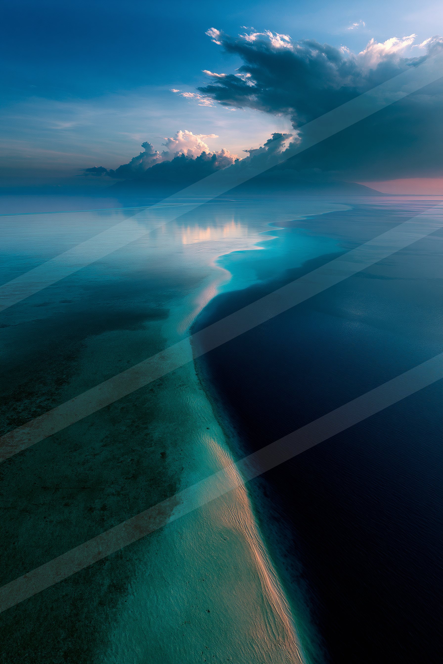 A blue hour aerial water scene of an ocean, sand.