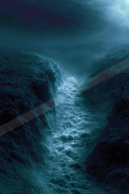 A powerful river rushes through a narrow, rocky canyon under a dark, misty sky, creating a dramatic and atmospheric scene.