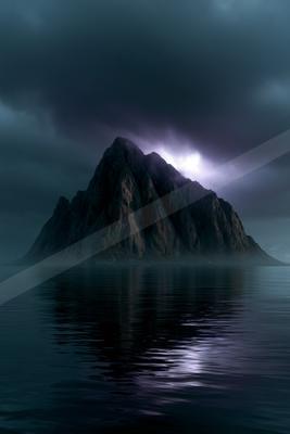 A jagged rocky mountain peak emerges from a calm, dark body of water, its reflection visible on the surface, under a heavy, dramatic stormy sky with a bright li
