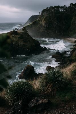 A black-and-white serene water scene of beach, ocean, valley.