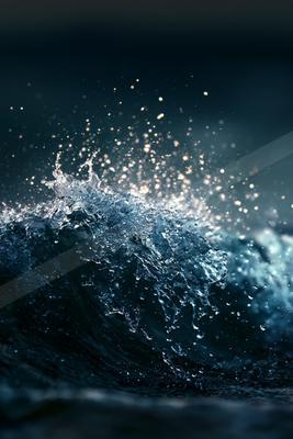 A powerful dark blue ocean wave cresting and breaking, sending a cascade of illuminated water droplets and spray into the air against a dark background.