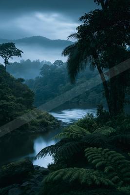 A blue hour high contrast water scene of a river, fog.