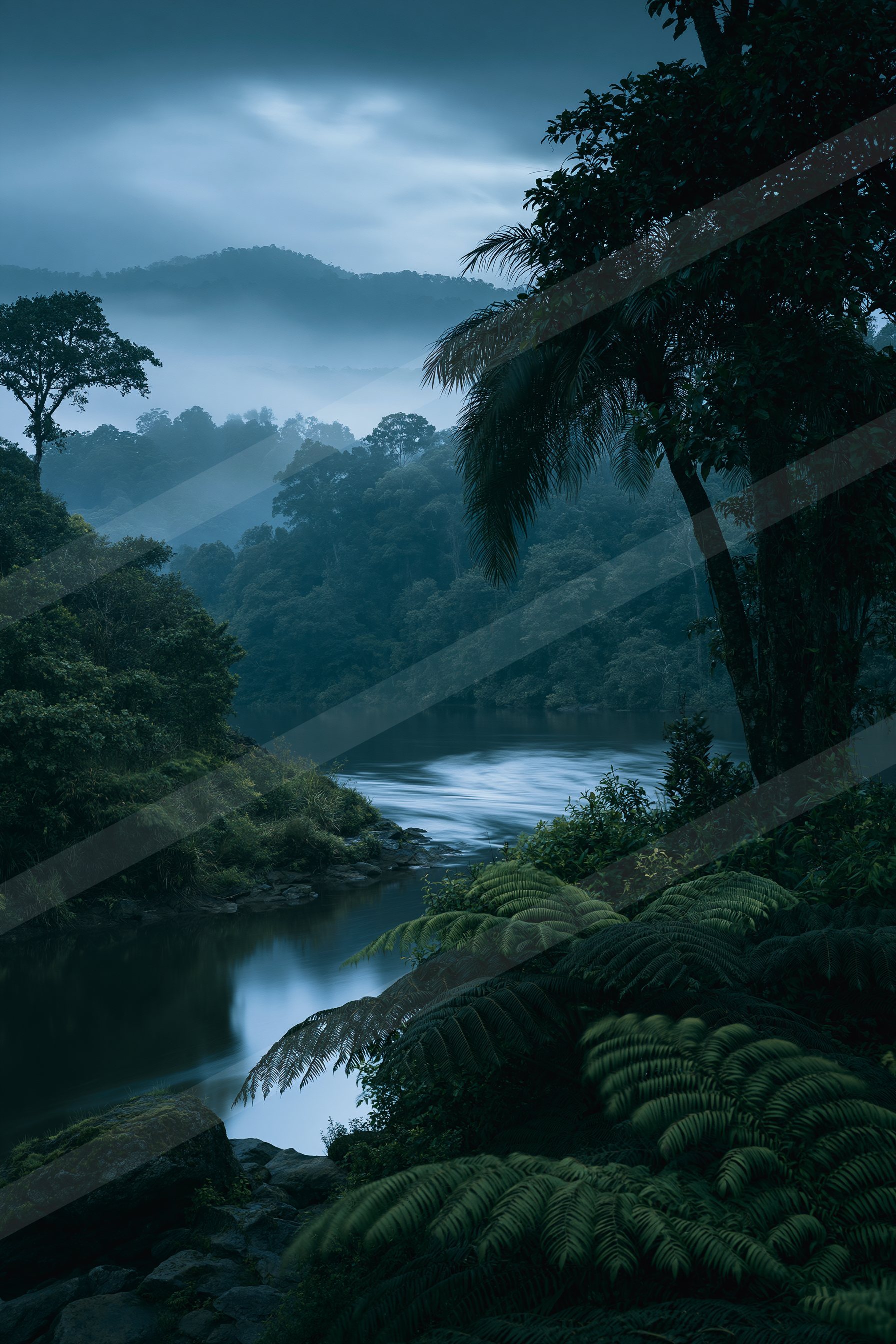 A blue hour high contrast water scene of a river, fog.