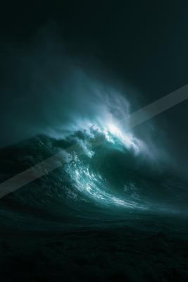 A massive, powerful ocean wave curls and crashes with turquoise and white foam, illuminated against a dark stormy background.