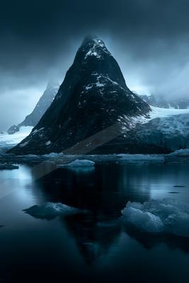 A moody landscape of mountains.