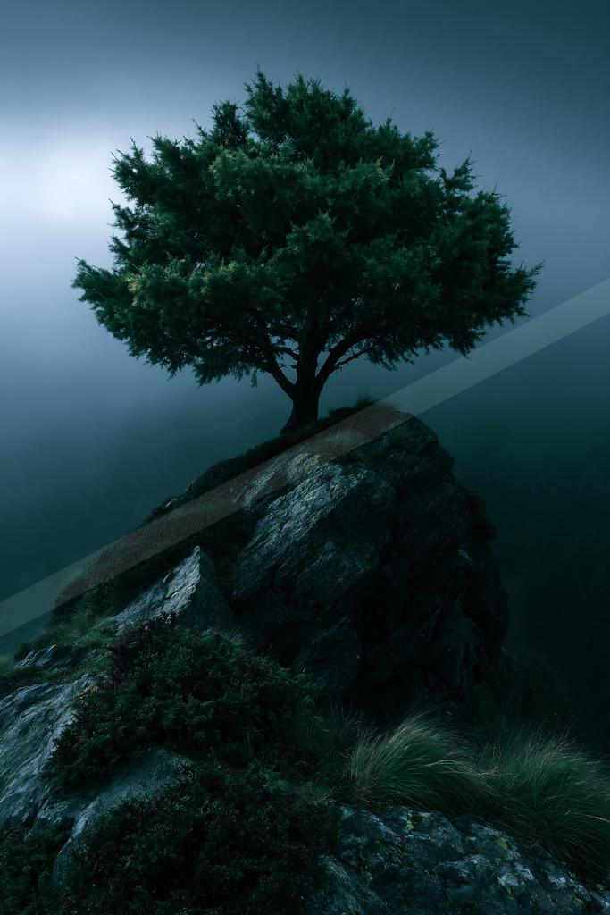 A solitary evergreen tree stands atop a rocky outcrop shrouded in thick fog, creating a dramatic and moody atmosphere.