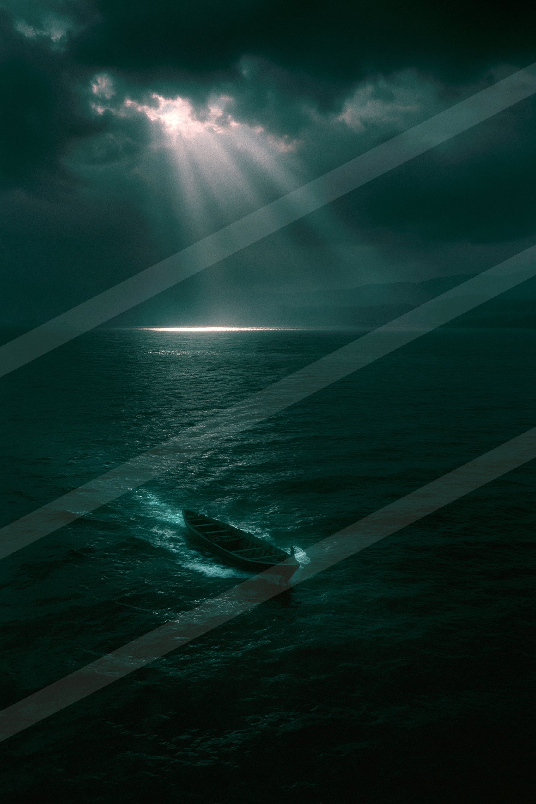 A small rowboat floats alone in the dark ocean under a stormy sky, illuminated by beams of light piercing through clouds.