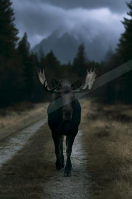 A large moose with impressive antlers walks directly toward the viewer along a wet dirt path through a dark coniferous forest, with snow-capped mountains and dr