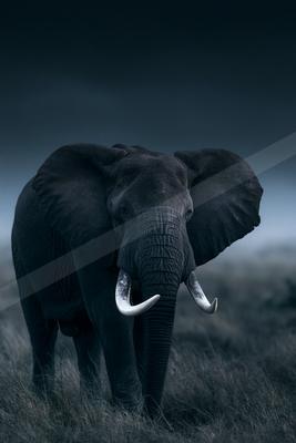 A black-toned moody photograph of african elephant, tusker, indian elephant.