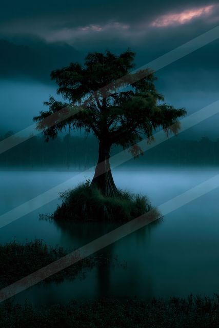 A mysterious nature scene of an oak tree, fog.