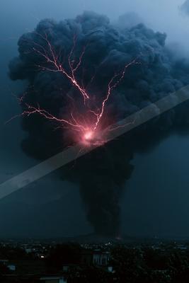 A massive dark volcanic ash plume rises into the night sky, illuminated by bright pink lightning branching from a glowing core, above a distant town and silhoue
