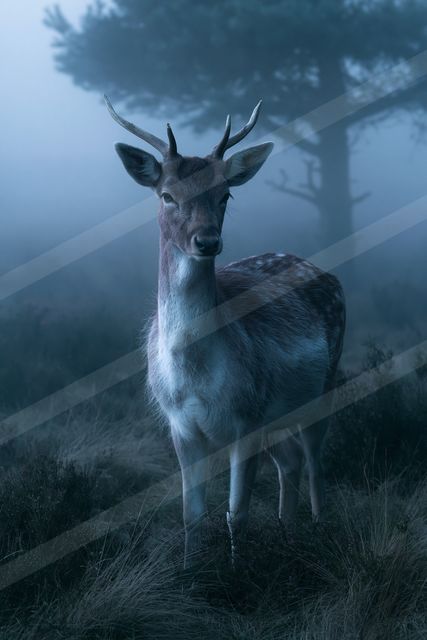 A large stag with prominent antlers stands alert in a misty forest, its gaze fixed on the camera. The scene is enveloped in a serene blue hue, suggesting dusk o
