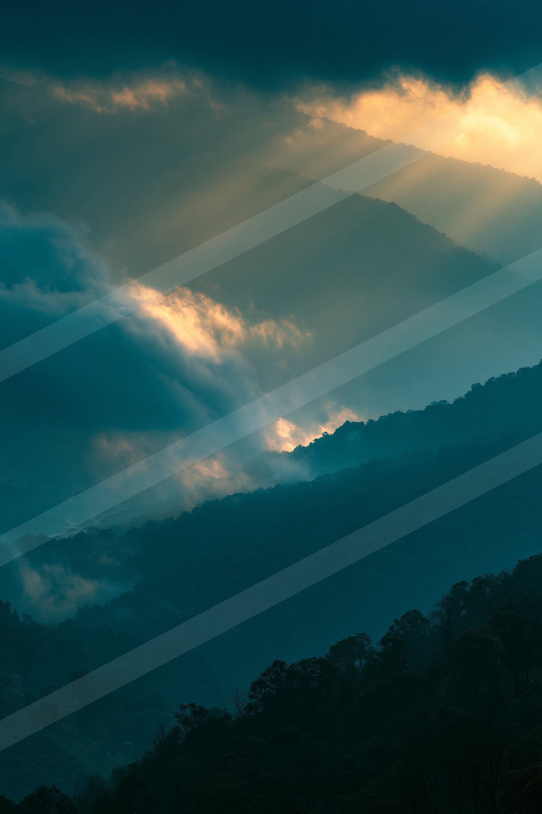 An ethereal high contrast sky scene of a sunbeams, fog.
