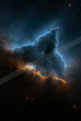A vibrant nebula glowing in shades of blue and orange against the backdrop of a star-filled night sky.