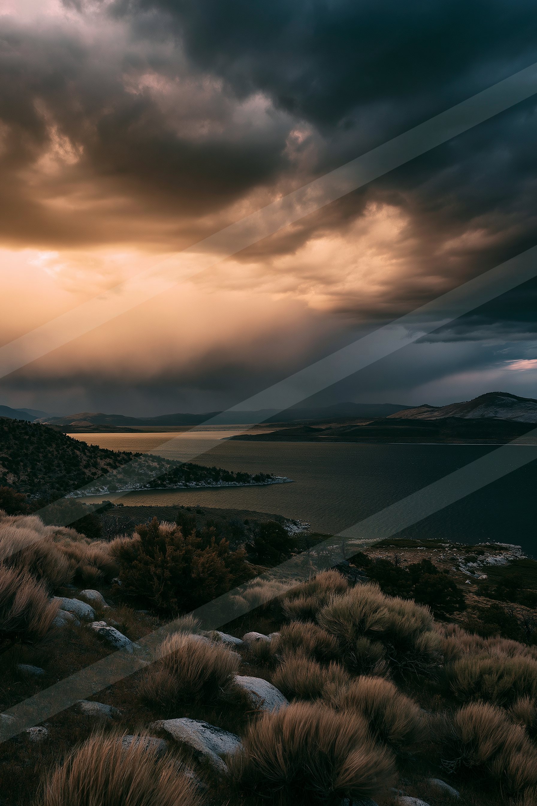 A dramatic sunset scene with dark storm clouds casting shadows over a calm lake, surrounded by rugged terrain and sparse vegetation.