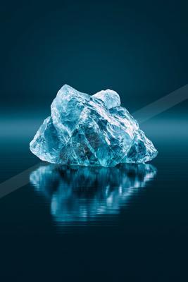 A translucent iceberg floats serenely, reflecting its crystalline form in the dark blue waters below.