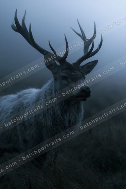 A powerful stag with large antlers stands silhouetted against a misty, blue-toned forest backdrop.