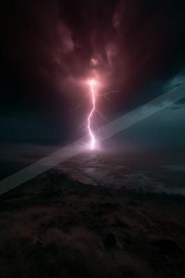 A powerful lightning bolt strikes the ground in a vast, dark savanna under a turbulent, deep red and purple stormy sky, with dry grass and sparse trees in the f