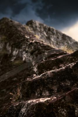 A night landscape of mountains, valley, waterfall.