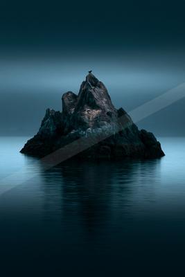 A black-toned moody photograph of promontory, beacon, seashore.
