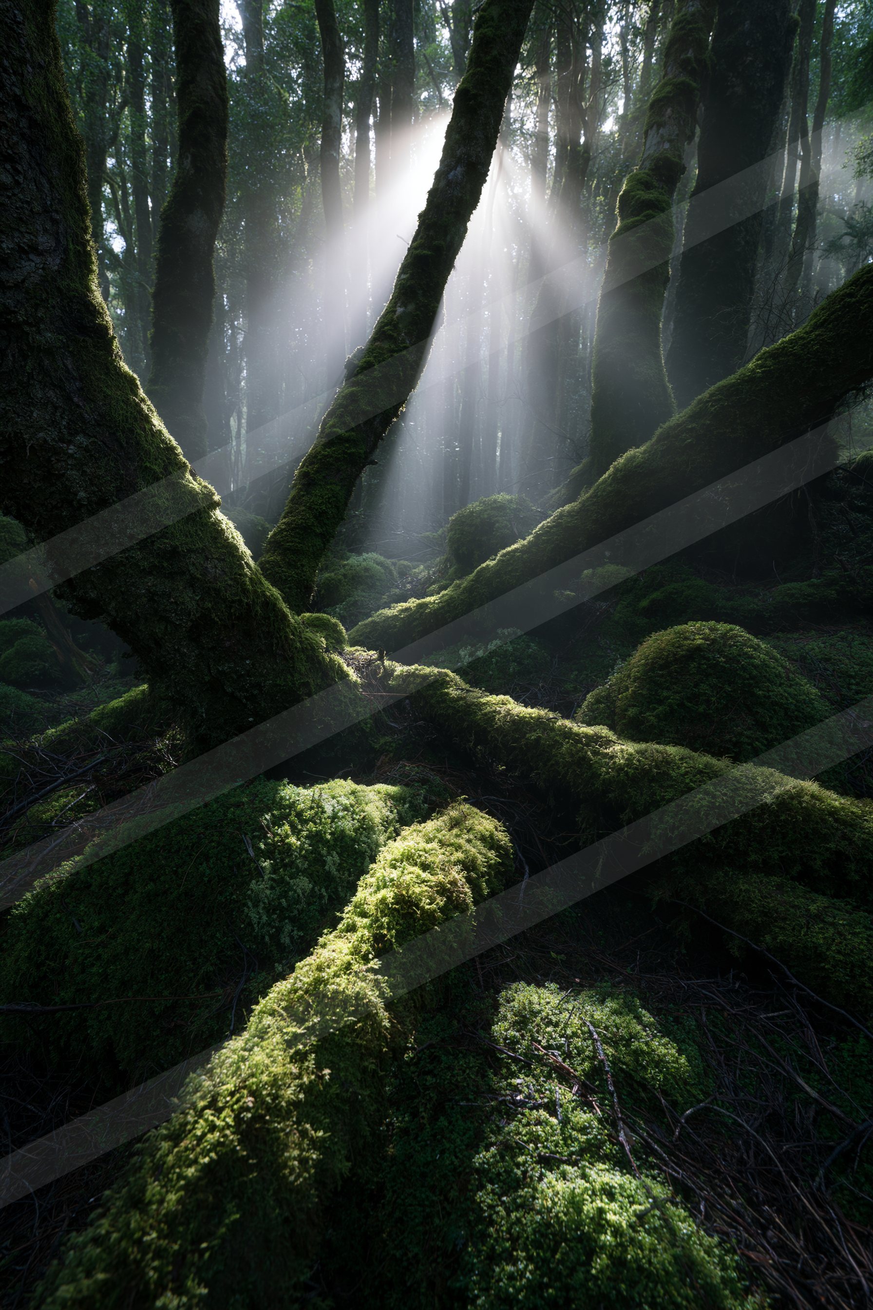 A serene forest scene featuring moss-covered trees bathed in soft sunlight filtering through the canopy.