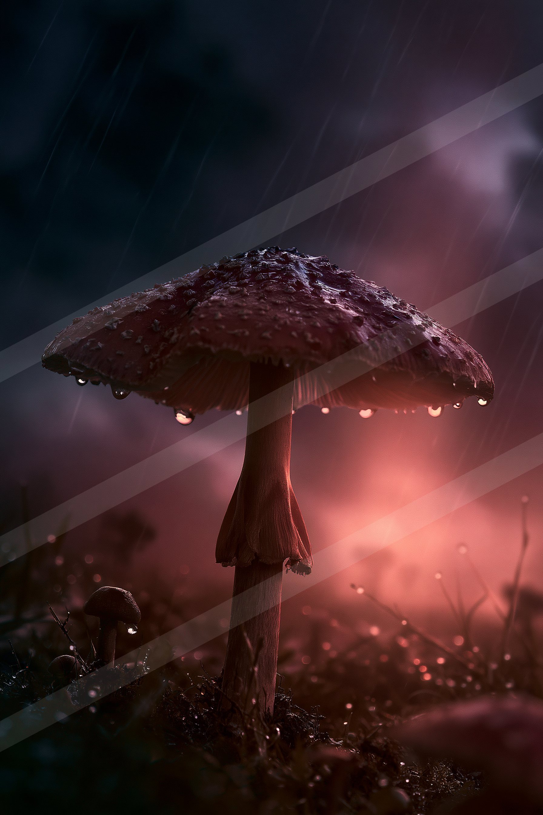 A large mushroom stands tall under heavy rain, illuminated by a mysterious red glow.