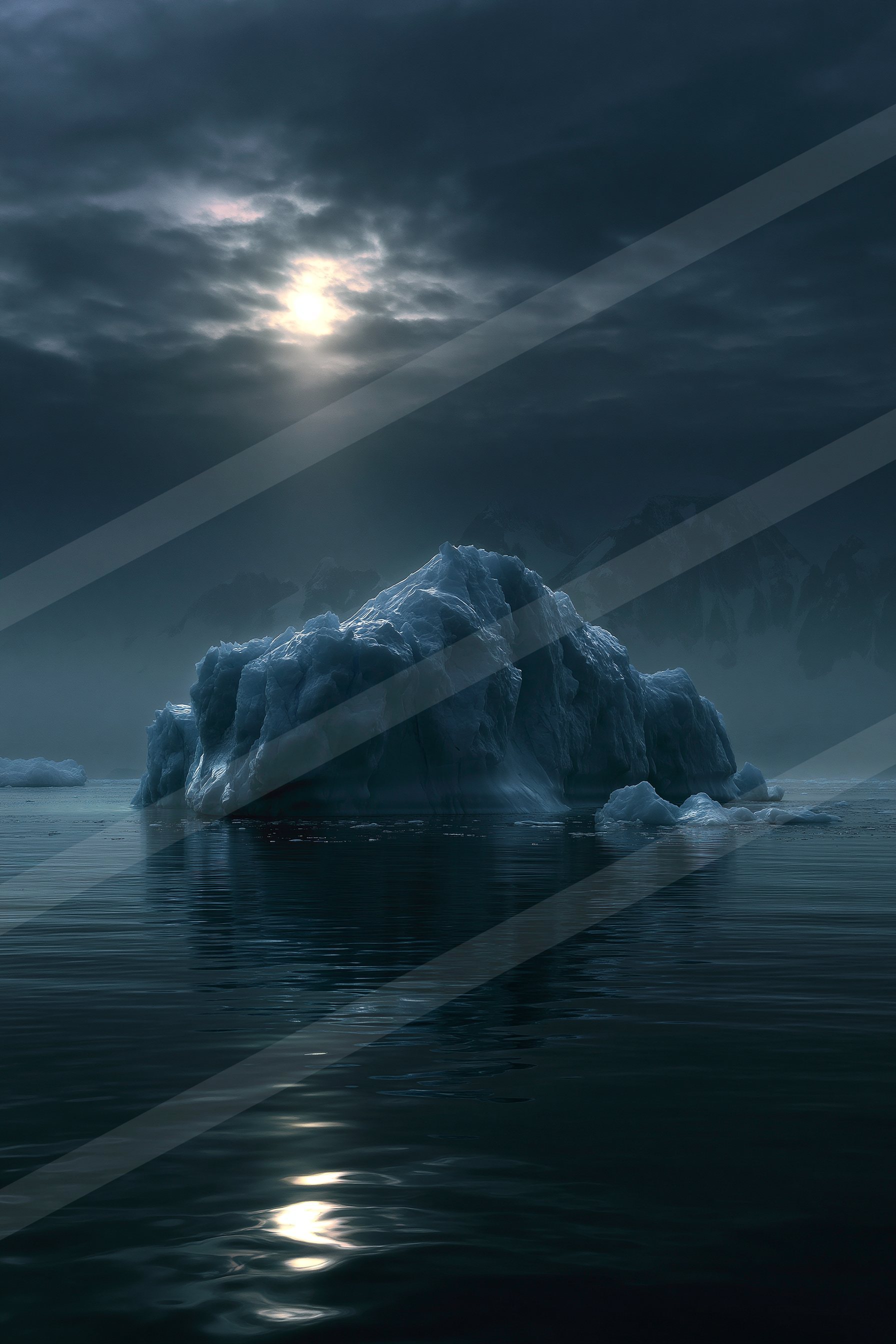 A night sky scene of a moon, ice.