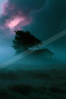 A solitary house and a windswept tree stand in thick blue fog beneath a dramatic sky illuminated with pink and purple clouds.