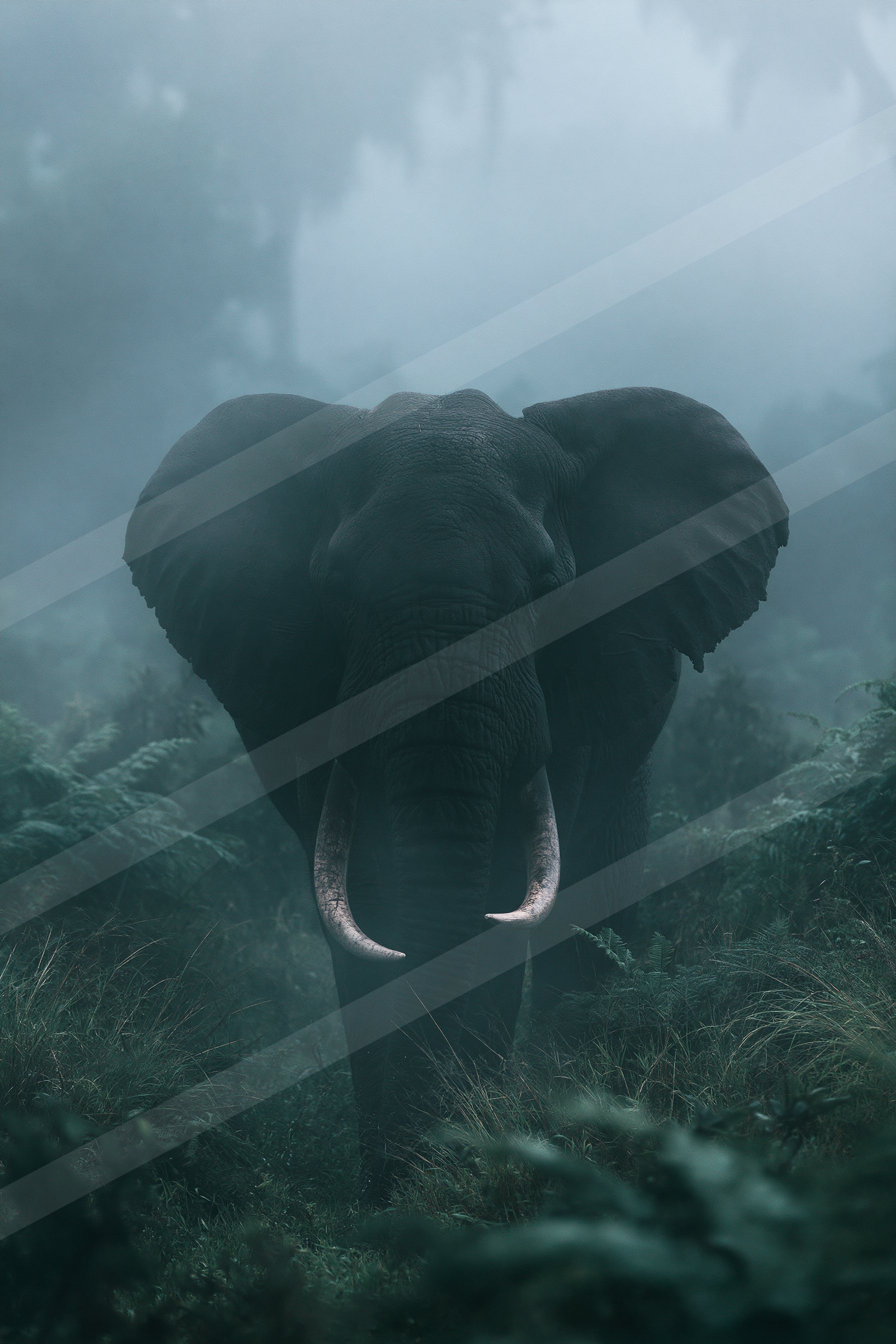 Water buffalo in the misty forest.