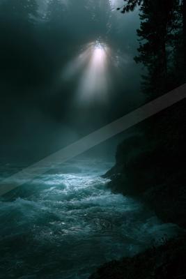 A mysterious water scene of a river, fog.