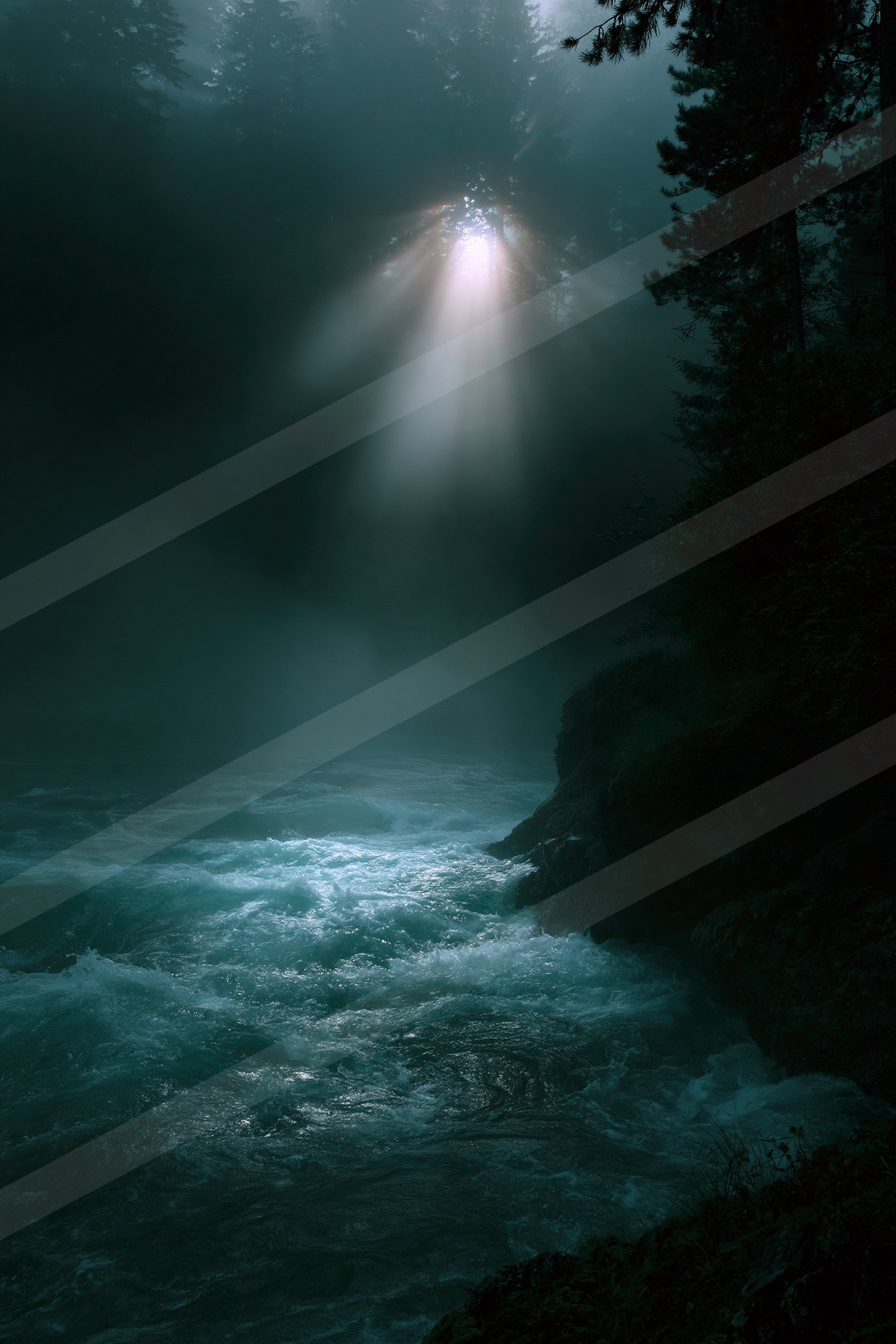 A mysterious water scene of a river, fog.