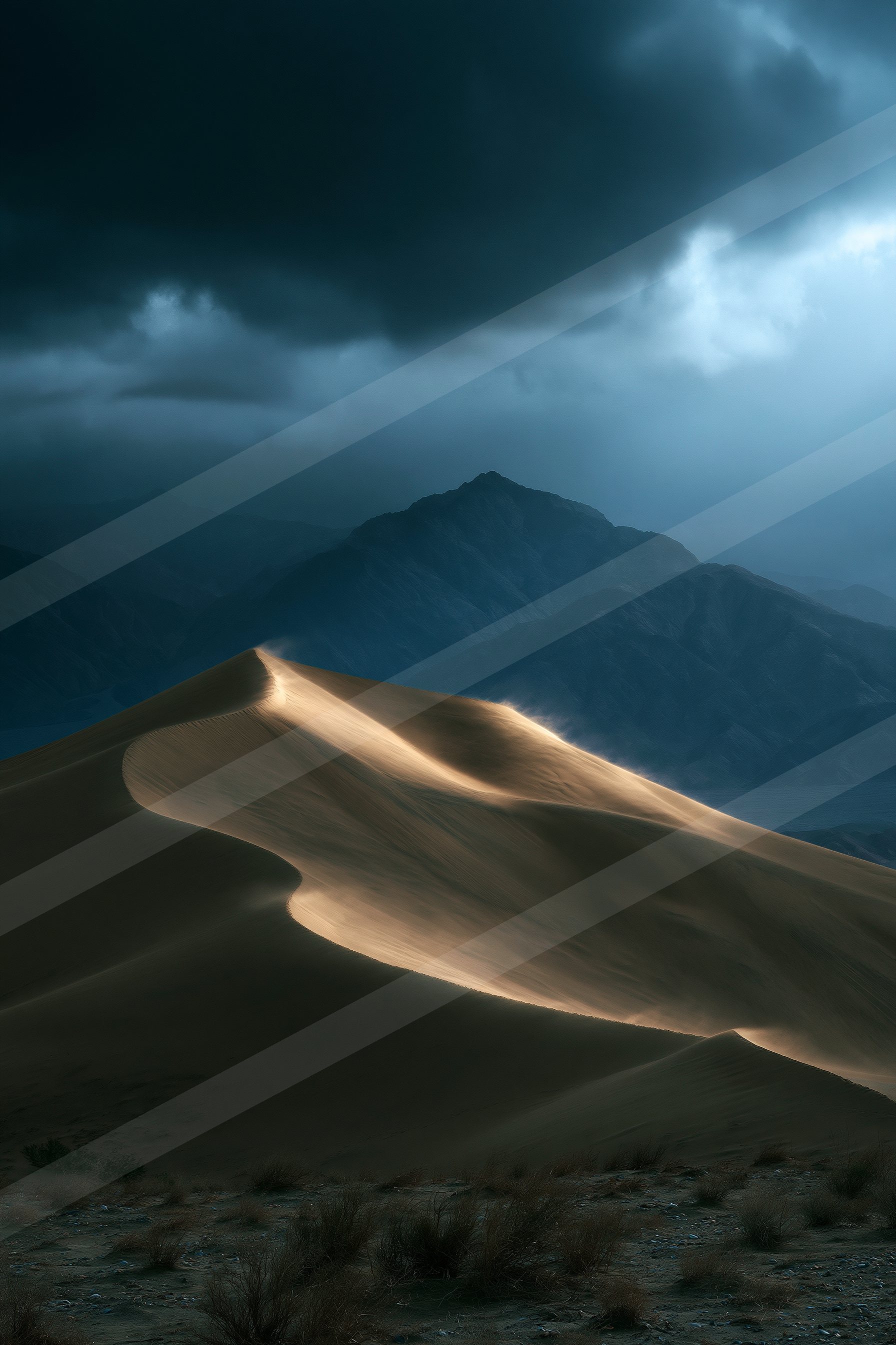 A night high contrast landscape of a sand dune, sand.
