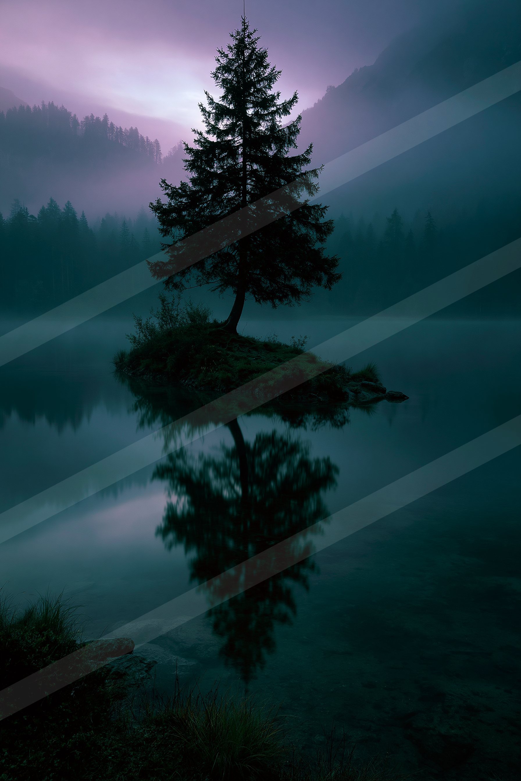 A lone tree stands on a small island in the middle of a calm lake, surrounded by mist and reflected in the still water.