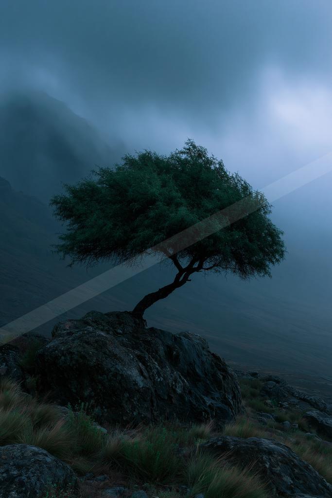 An ethereal nature scene of a pine tree, fog.