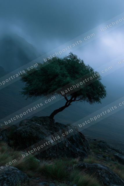 A lone tree stands resiliently atop a rocky outcrop, surrounded by misty mountains under a dark, moody sky.