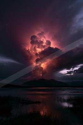 Massive, glowing red and purple storm clouds with visible lightning strikes tower over a calm lake and distant mountains under a dark sky.