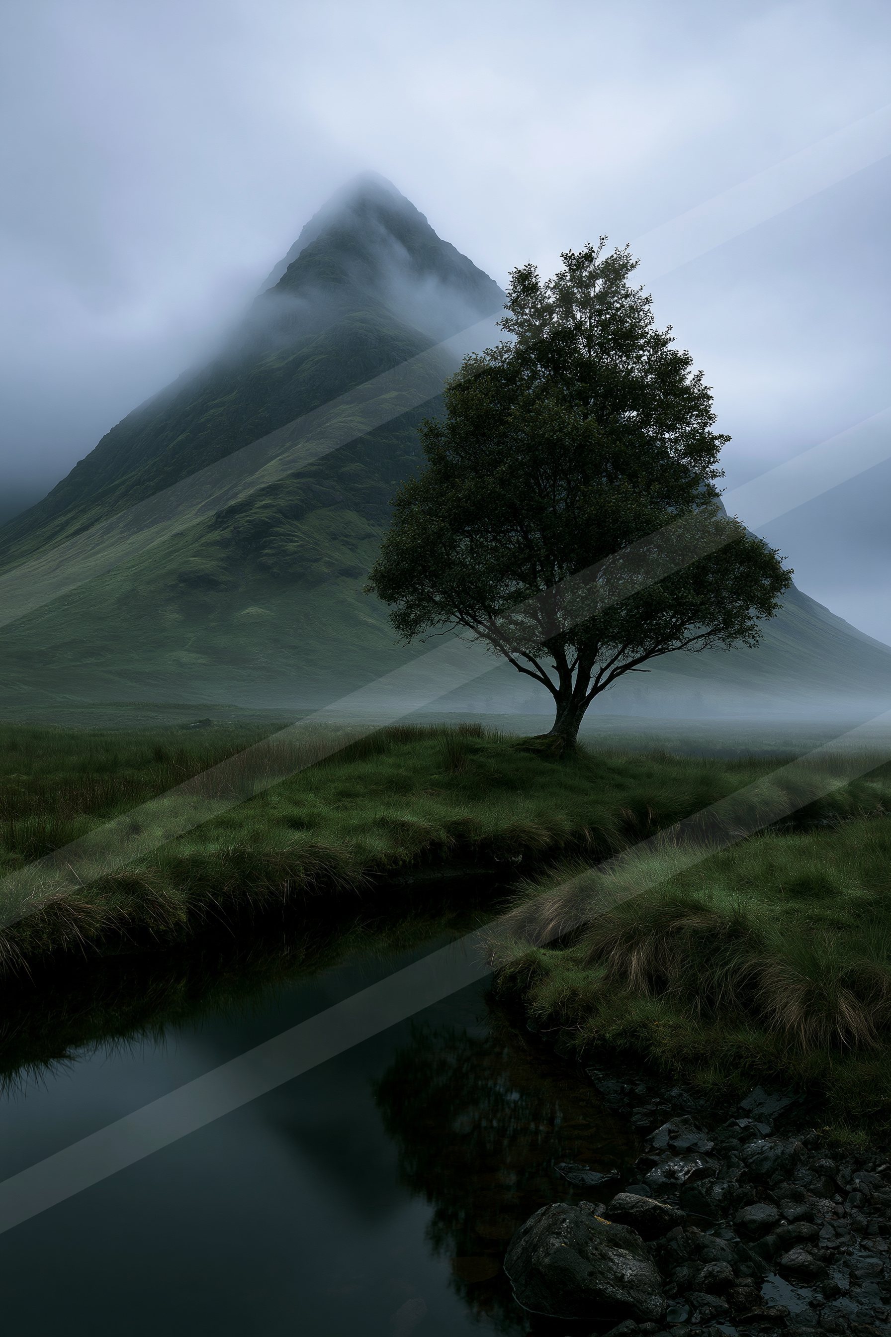 A lone tree stands near a calm water body in the foreground of a mist-covered mountain peak.