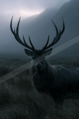 A large male deer with impressive antlers stands in tall grass, looking directly at the camera against a foggy mountain backdrop.