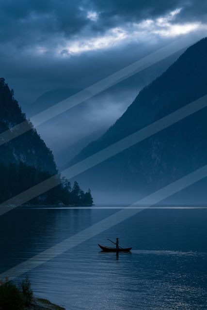 A mysterious water scene of a lake, fog.