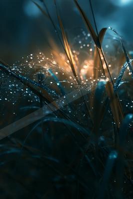 A night bokeh nature scene of plants, river, field.