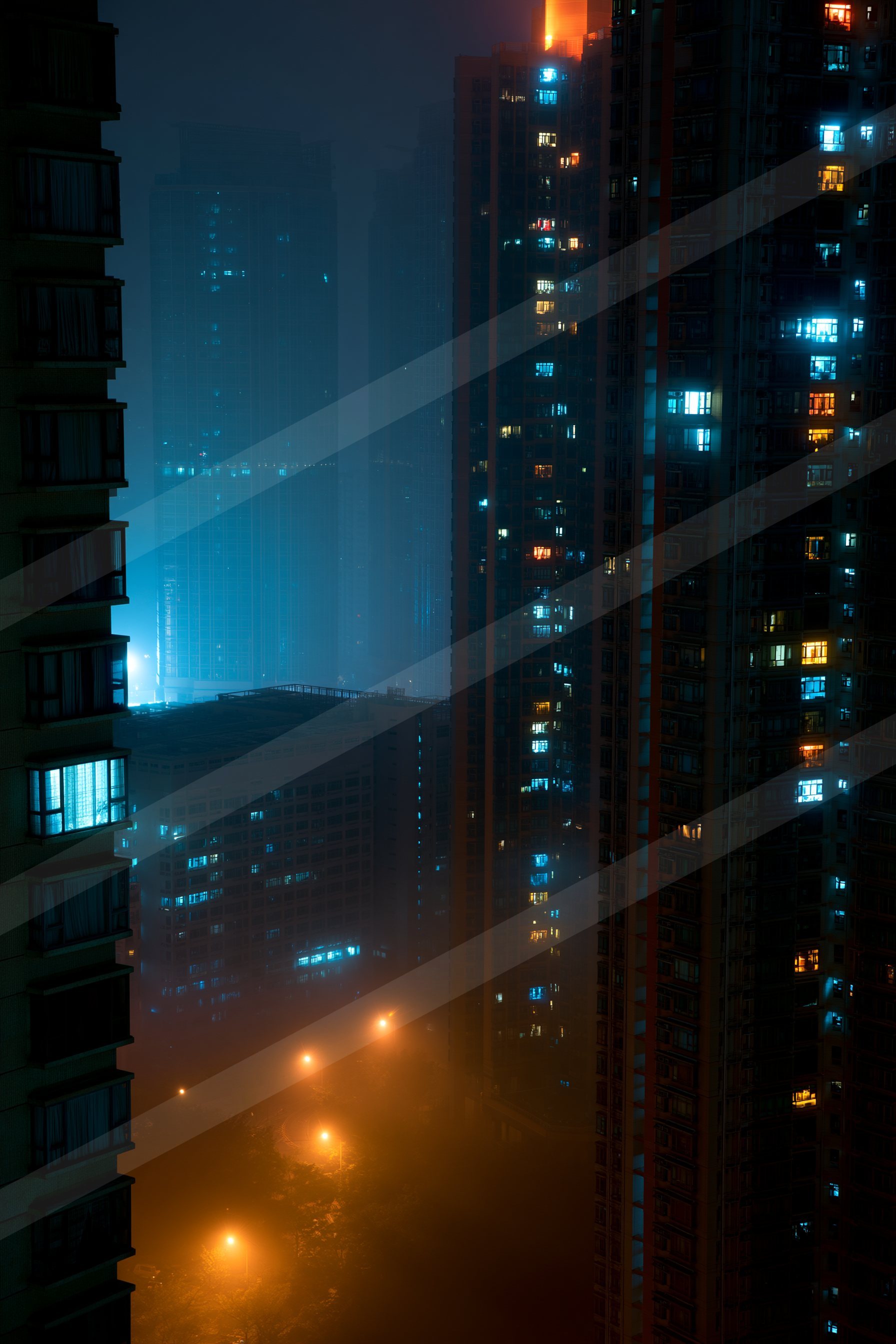 A dramatic nighttime cityscape with tall buildings illuminated by vibrant neon lights, shrouded in fog.