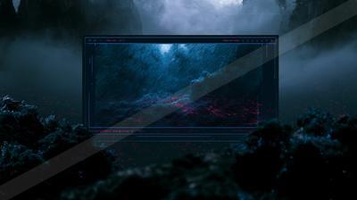 A night sky scene of storm, ocean, waterfall.